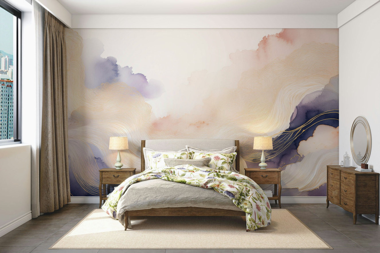Lavender Cloud Forms Wall Mural behind a minimalist white sofa.