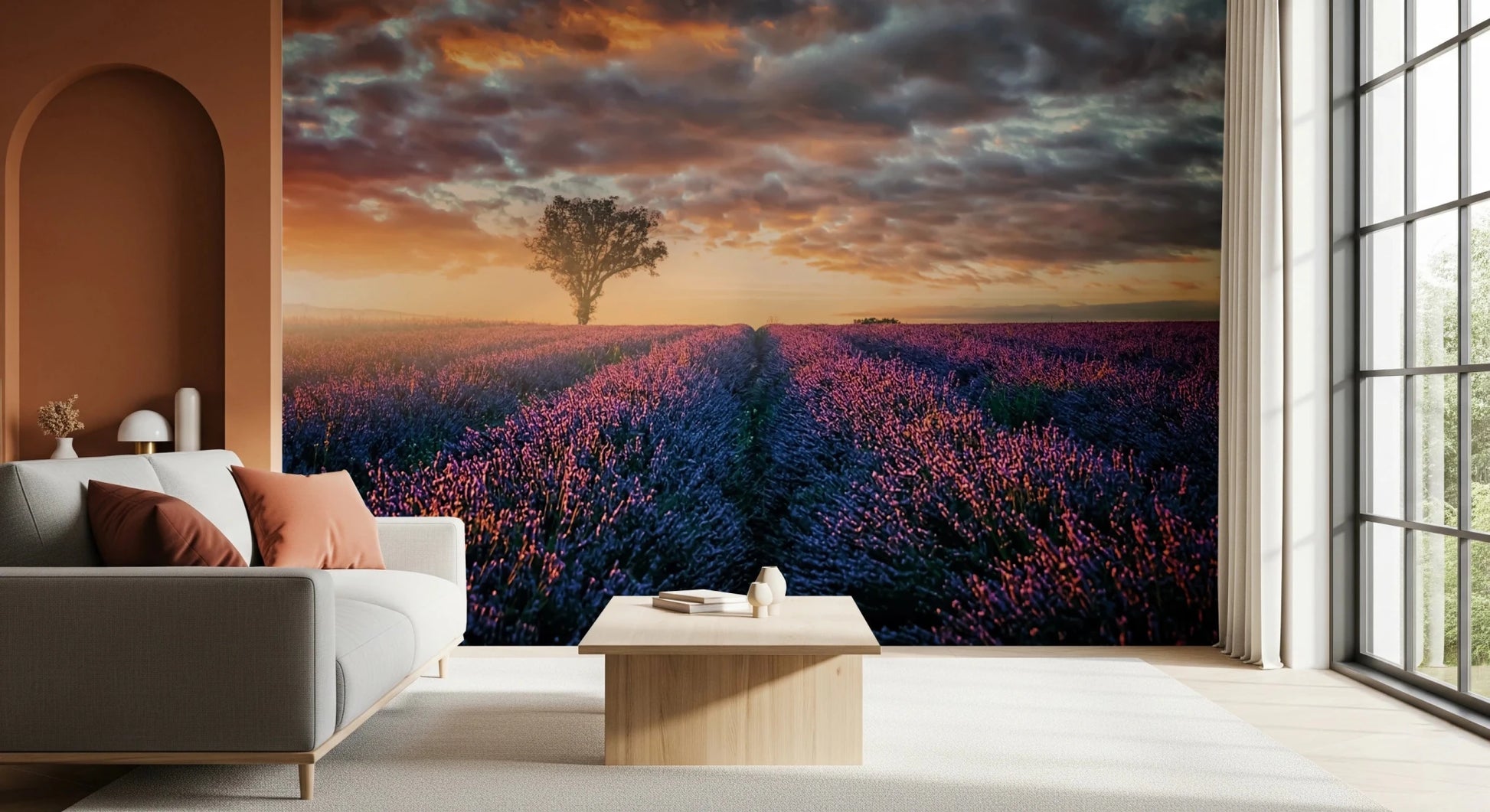 Lavender rows stretch under glowing morning sky wall mural