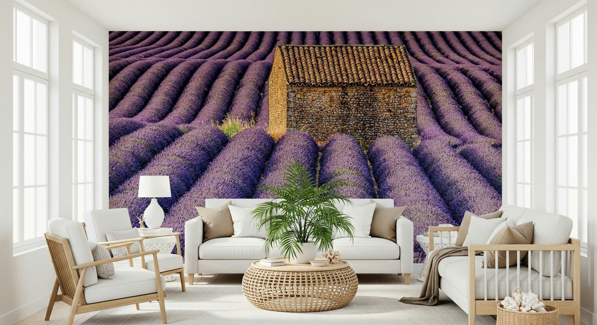Blooming lavender field mural with soft hues for a relaxing, elegant space.