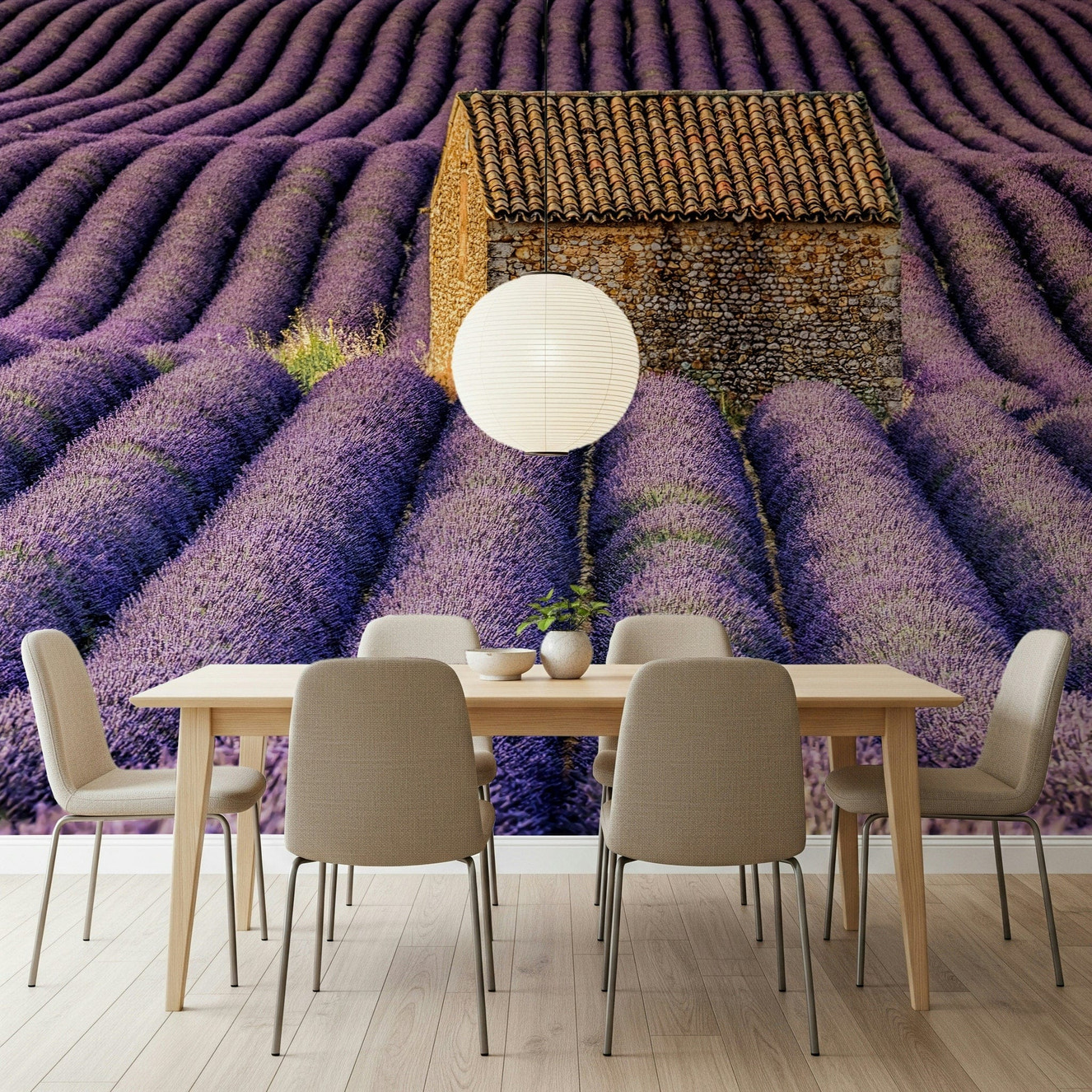 Nature-inspired wall mural with lush lavender blooms for a calming decor statement.