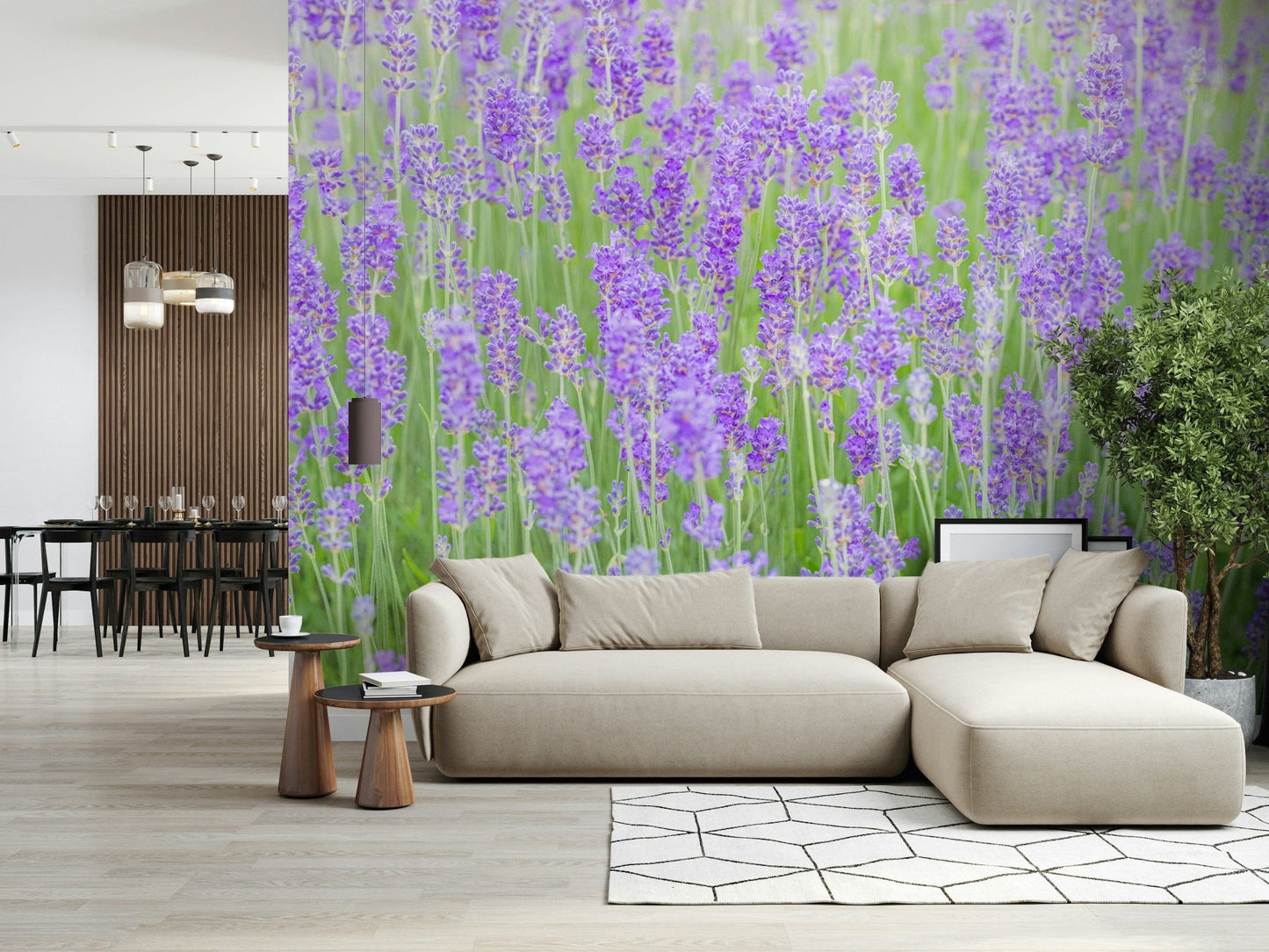 Field Dream wall art, peaceful violet blooms, panoramic view.