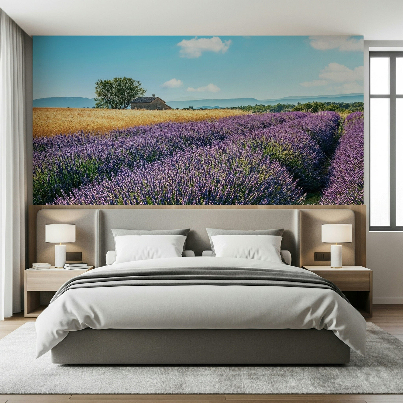 Scenic lavender meadow mural artwork in calm purple wallpaper shades
