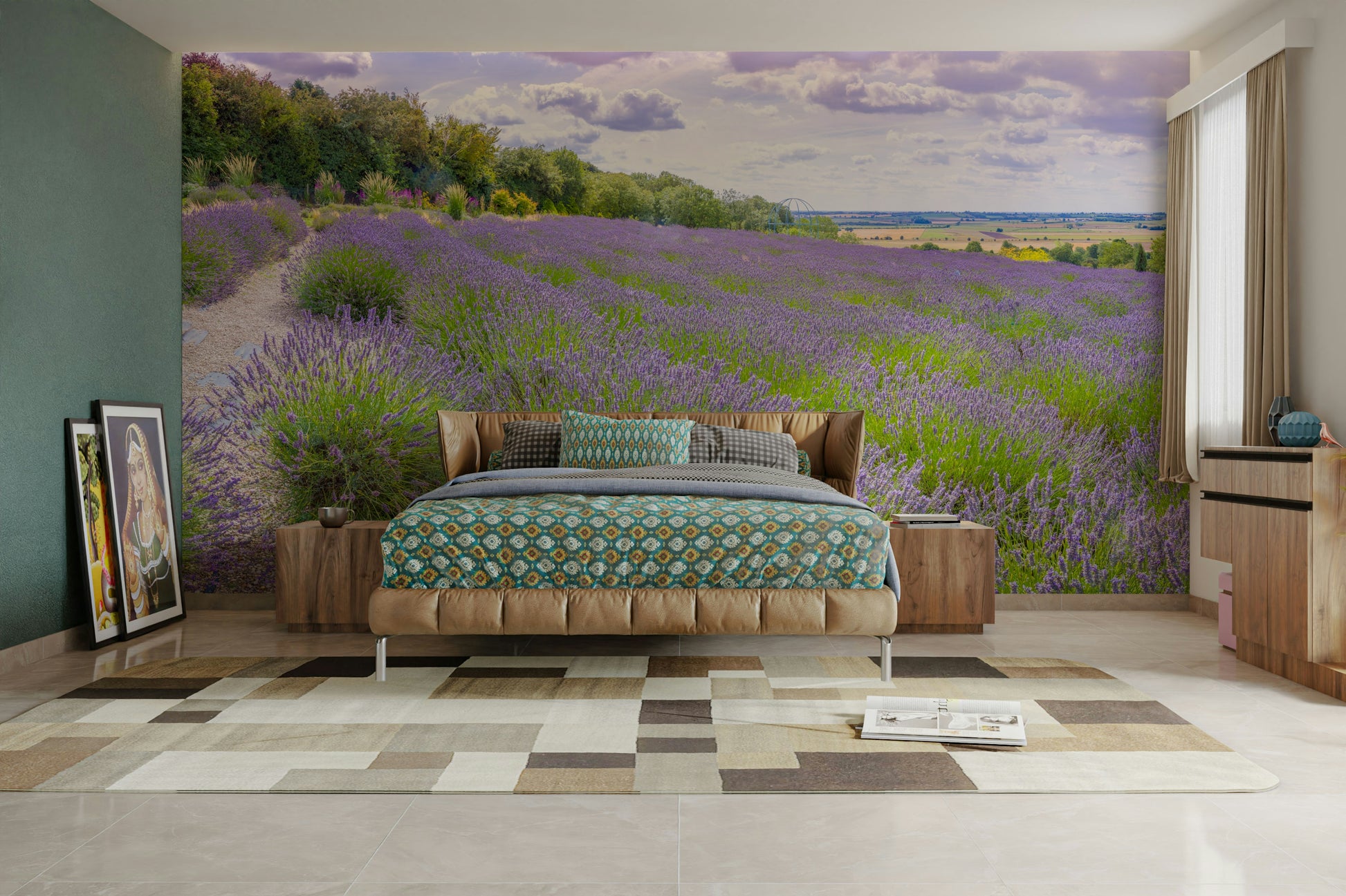 Wall mural with lavender blooms.

