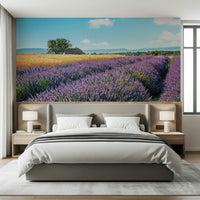Scenic lavender meadow mural artwork in calm purple wallpaper shades