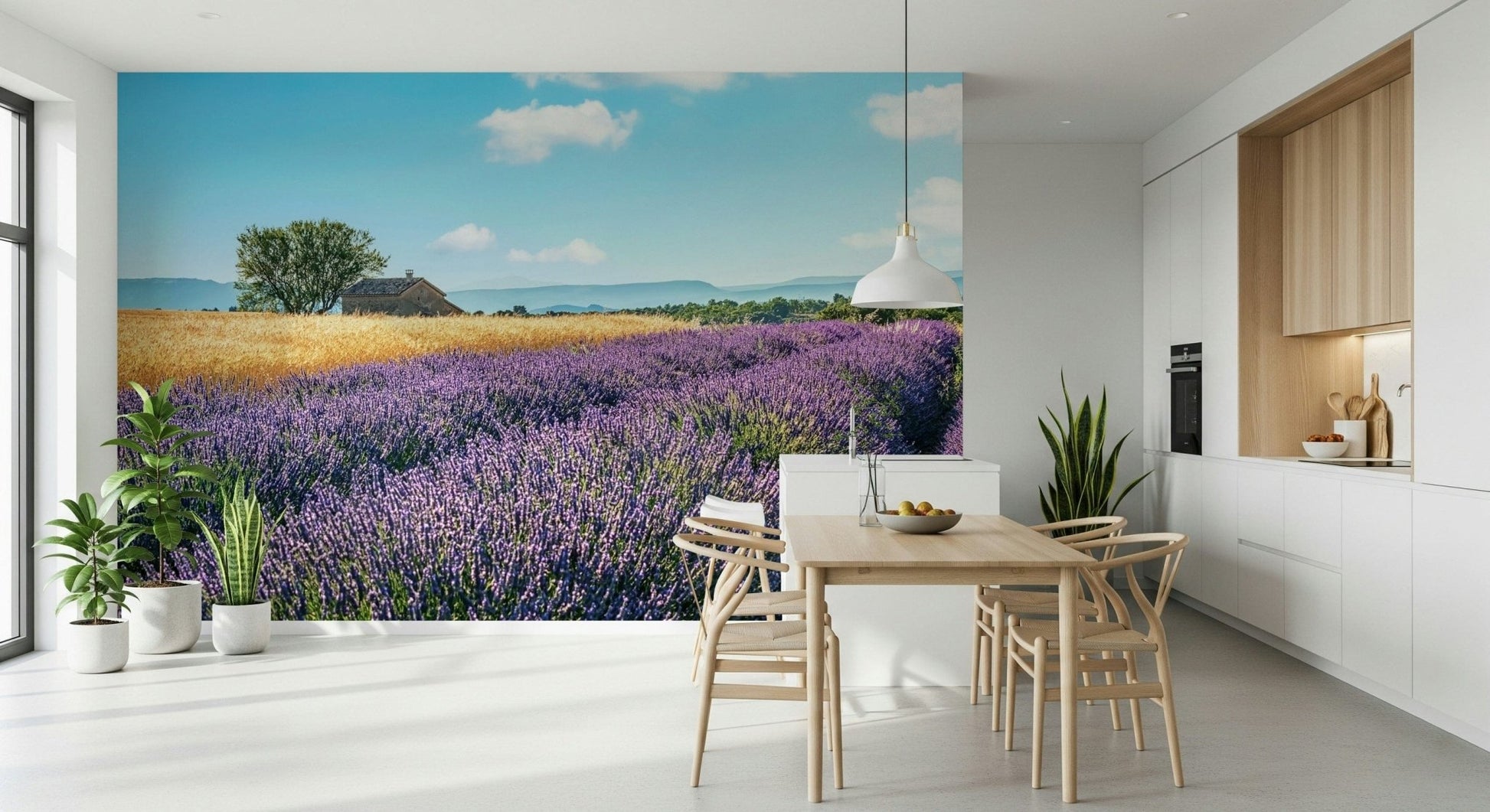 Lavender field horizon wall mural in soothing purple wallpaper finish