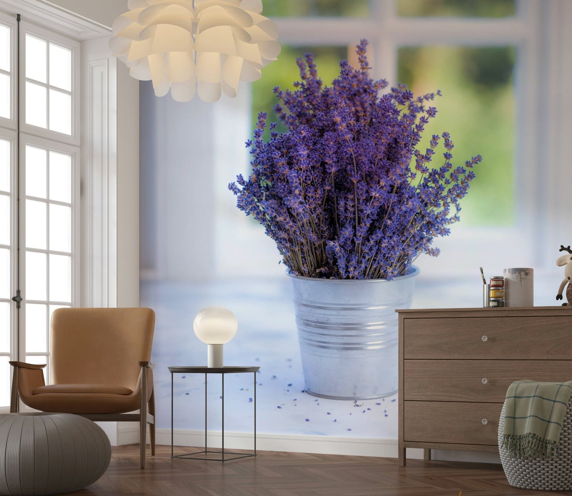 Lavender in a Vase wallpaper featuring beautiful purple flowers by window light.
