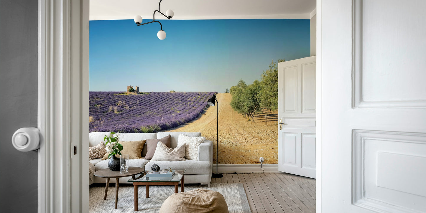 Watercolor-style floral wallpaper in lavender and green

