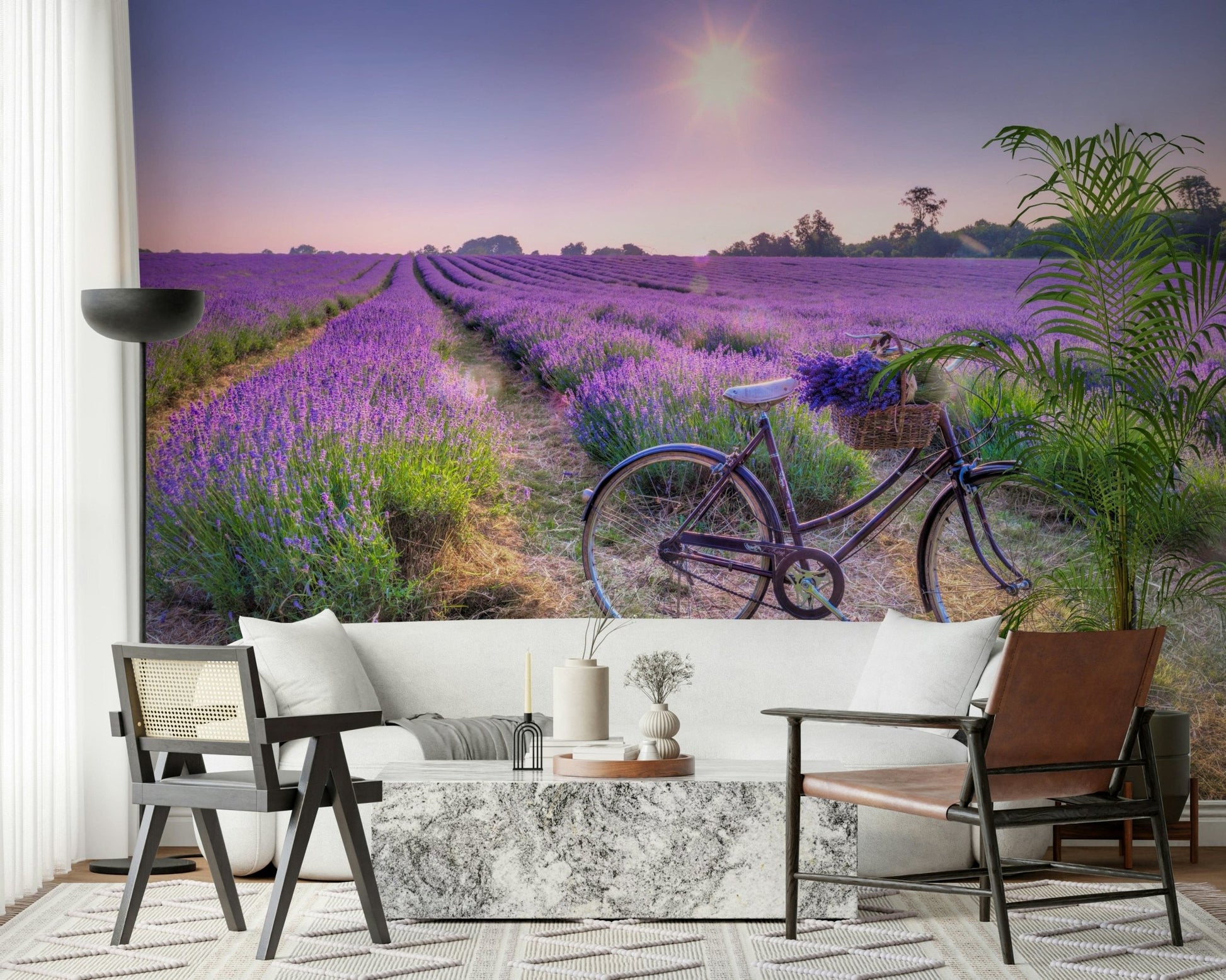 Purple flower Lavender Ride farm view, gorgeous countryside feature wall.