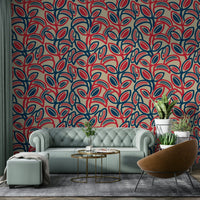 Red, navy blue, and beige color palette.

