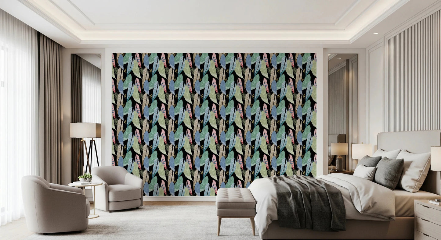Tropical plant motif in light tones against a black background.