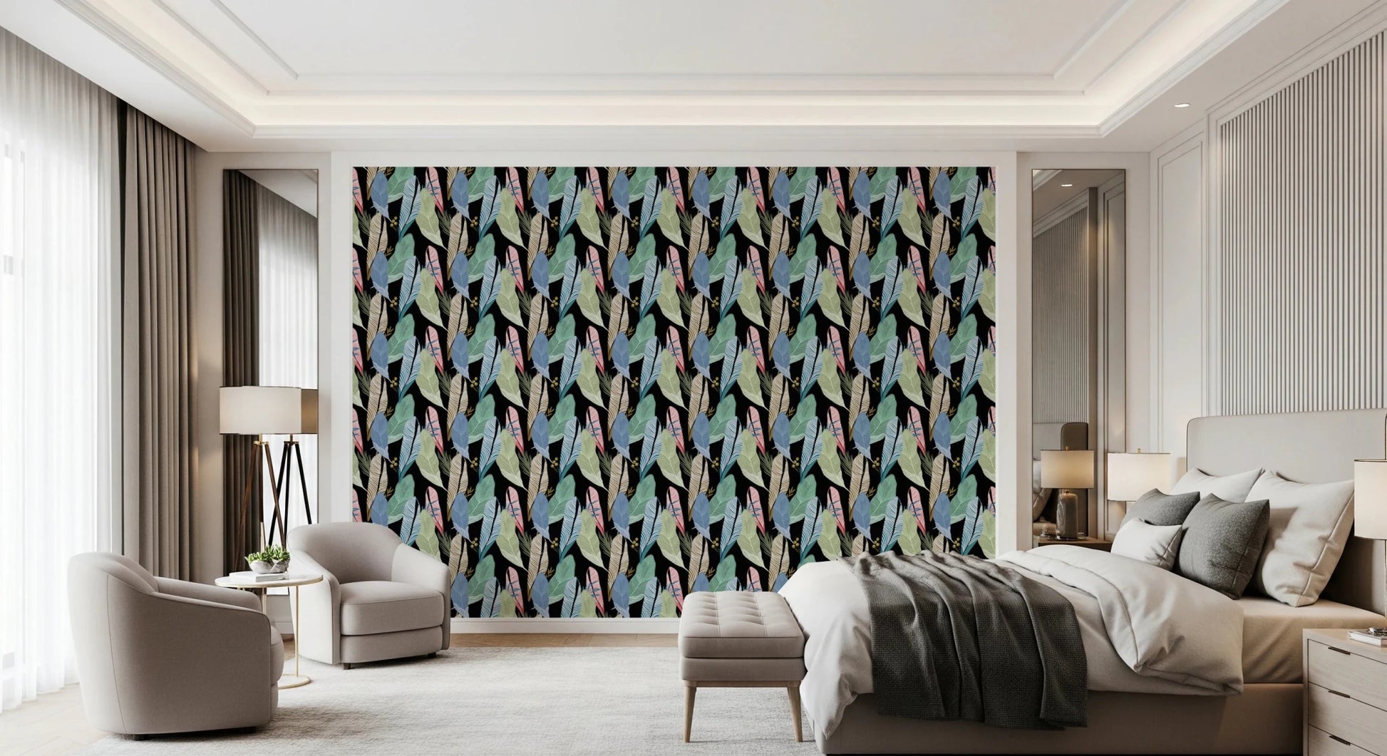 Tropical plant motif in light tones against a black background.
