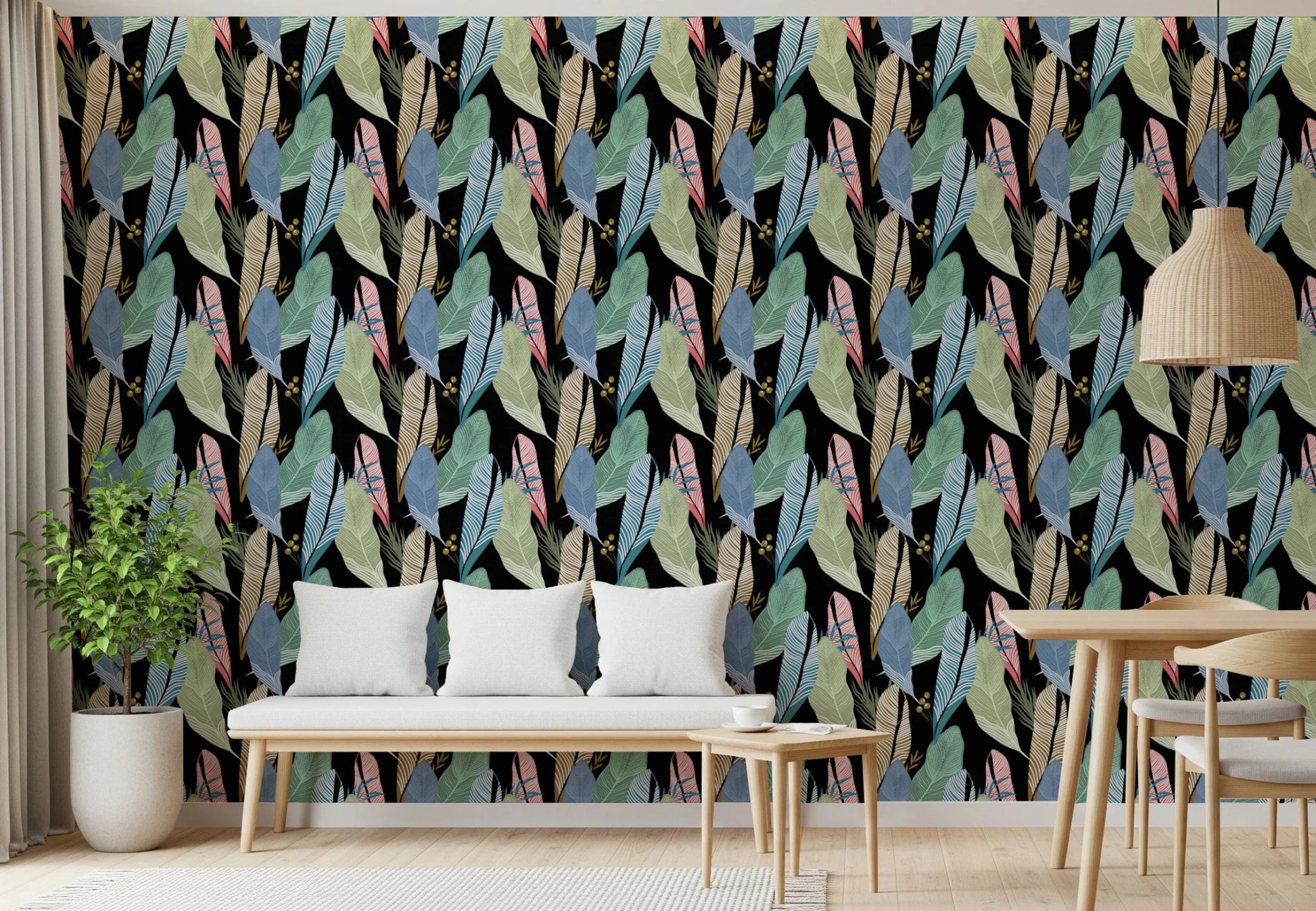 Abstract modern foliage backdrop for interior wall decor.