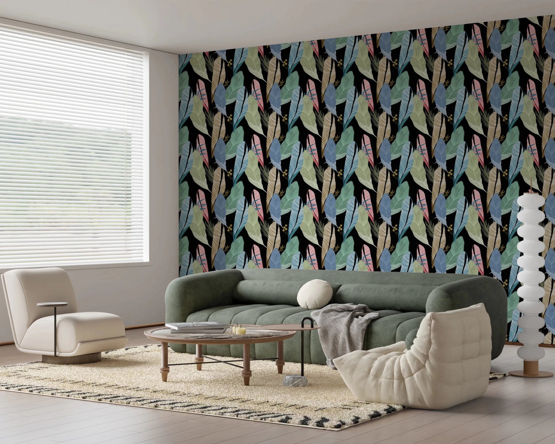 Pastel botanical leaf print wall covering in blue, pink, and green.