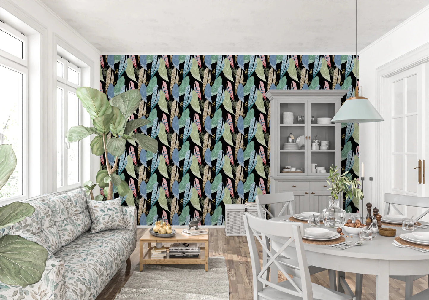 Abstract nature inspired interior graphic with multi color leaves.