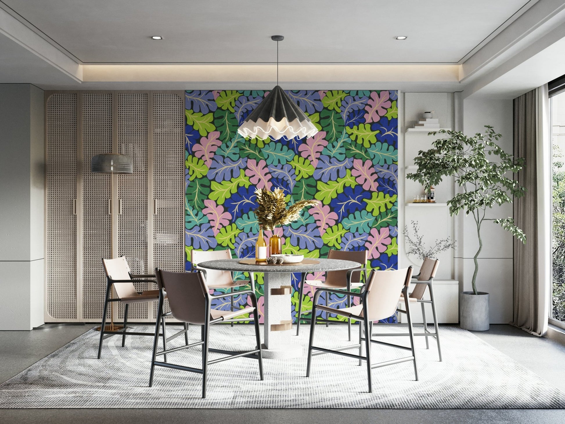 A wallpaper design with a repeating leaf pattern.

