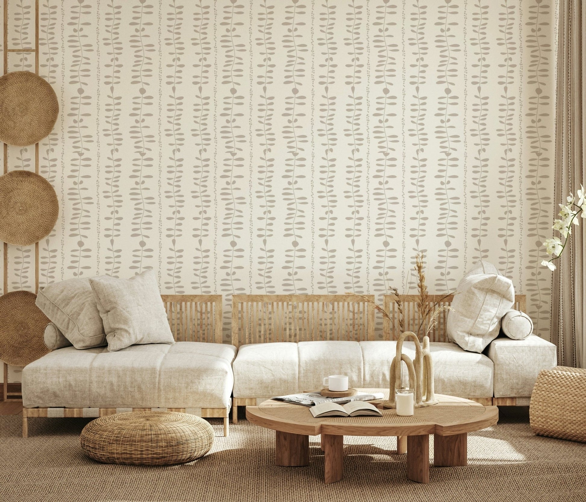Scandi style cream botanical mural wallpaper hanging vines.