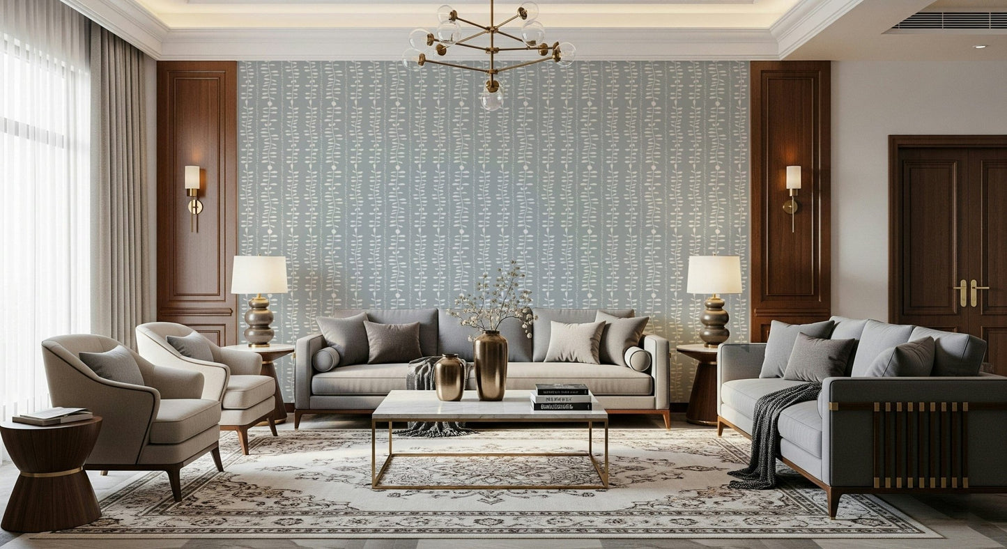 Soft blue wall mural featuring abstract organic leaf motifs.