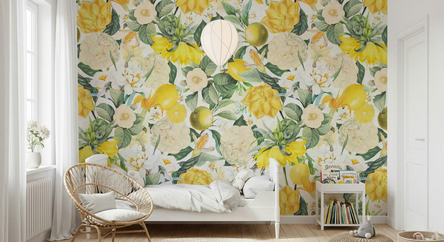 Lemon Grove Wall Mural – Lively garden scene with yellow lemons, fragrant blossoms, and verdant foliage.