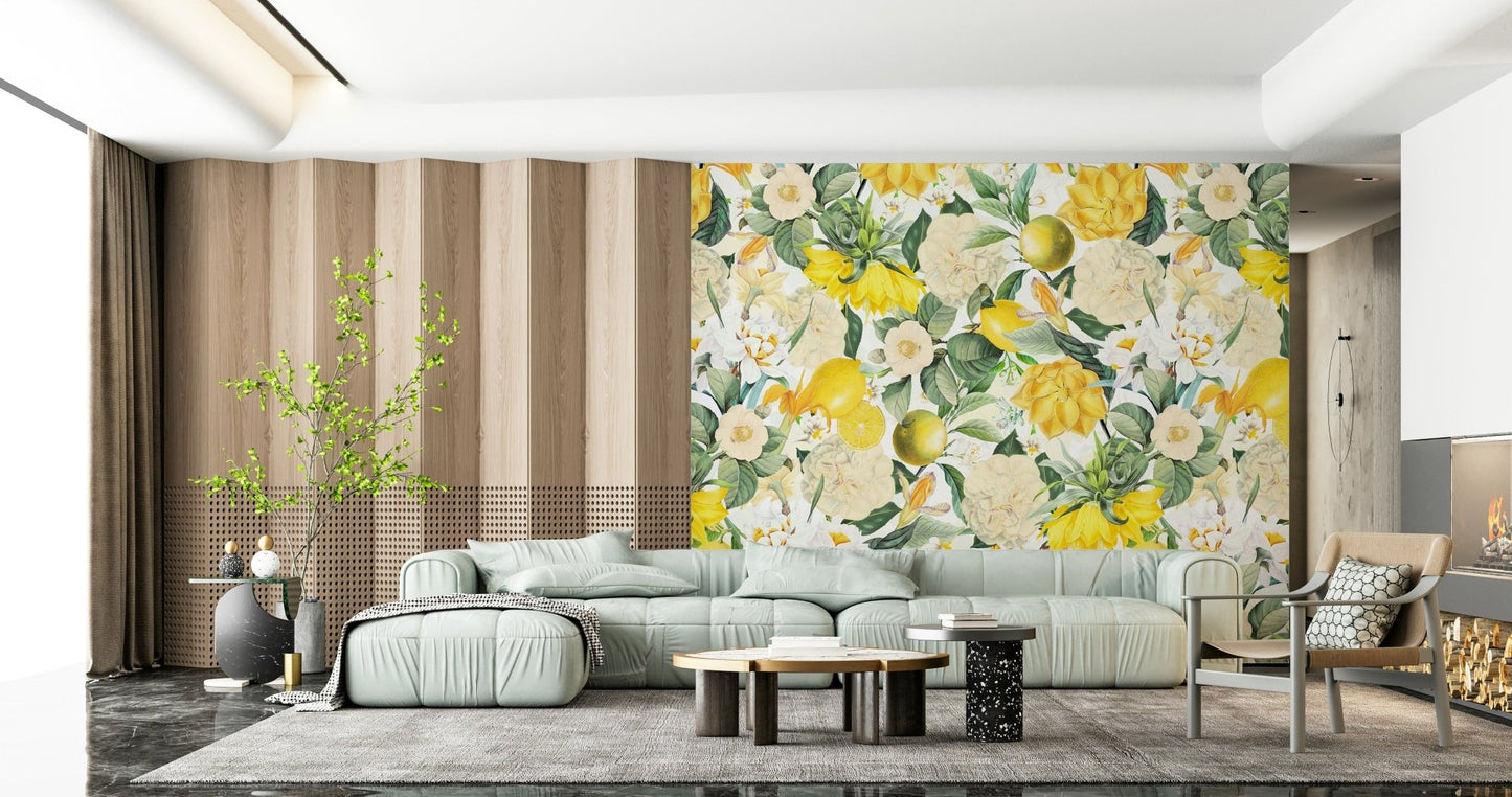 Fresh Lemon Garden Wallpaper – Bright and airy mural capturing lemons and blossoms in a cheerful, realistic style.
