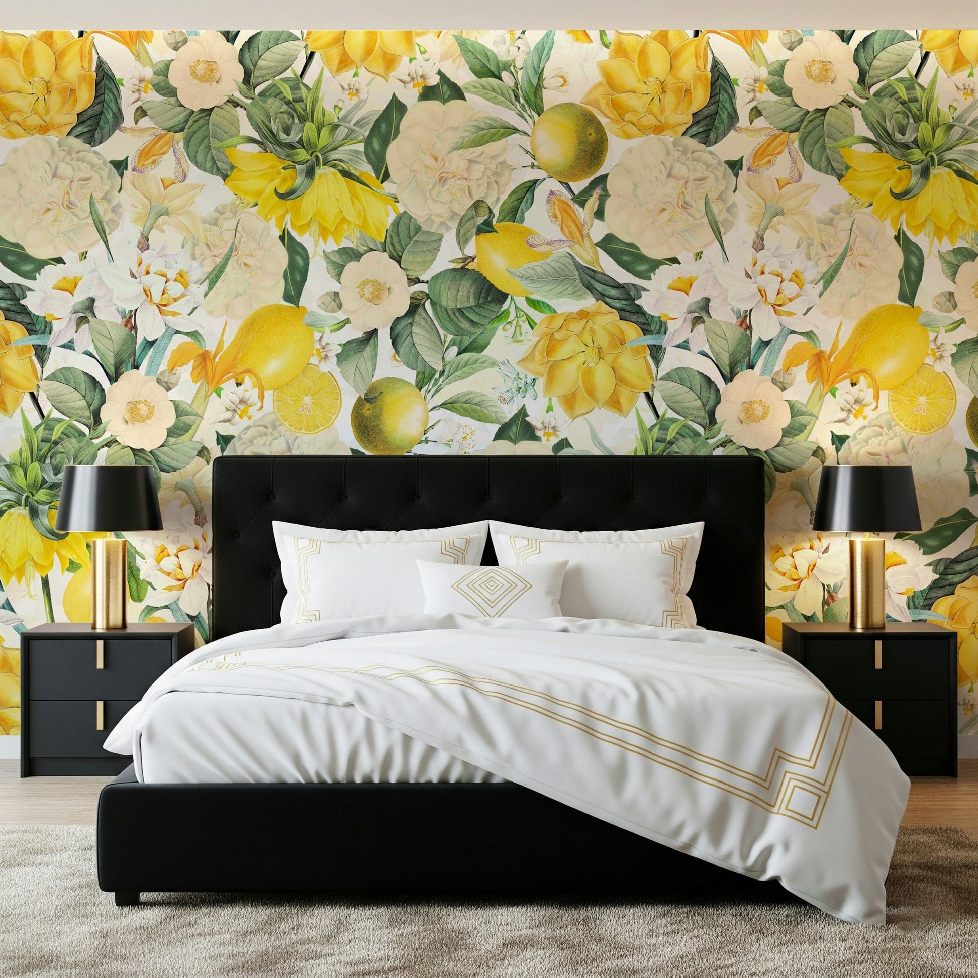 Citrus Blossoms Wall Mural – Soft, detailed depiction of lemon flowers and fruits on a sunny garden backdrop.