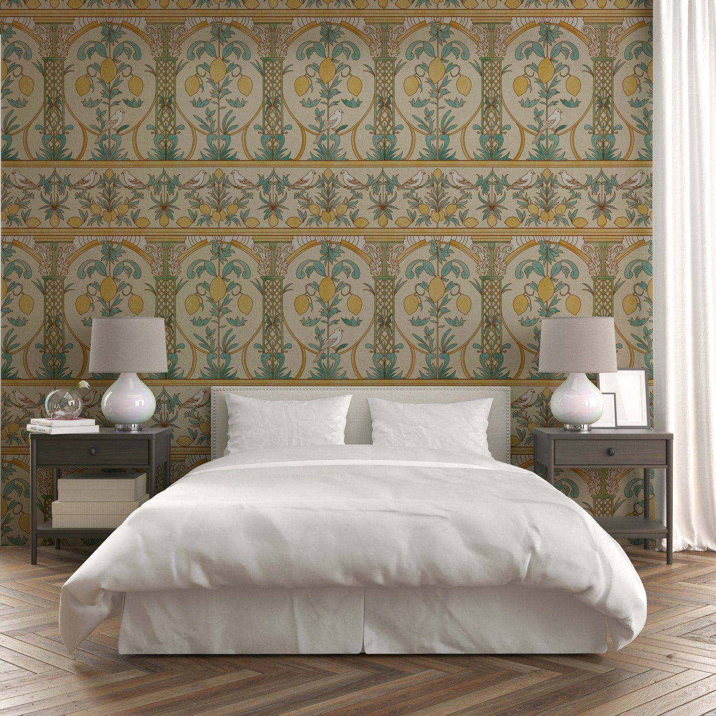 A beautiful lemon garden wallpaper mural for an elegant room.

