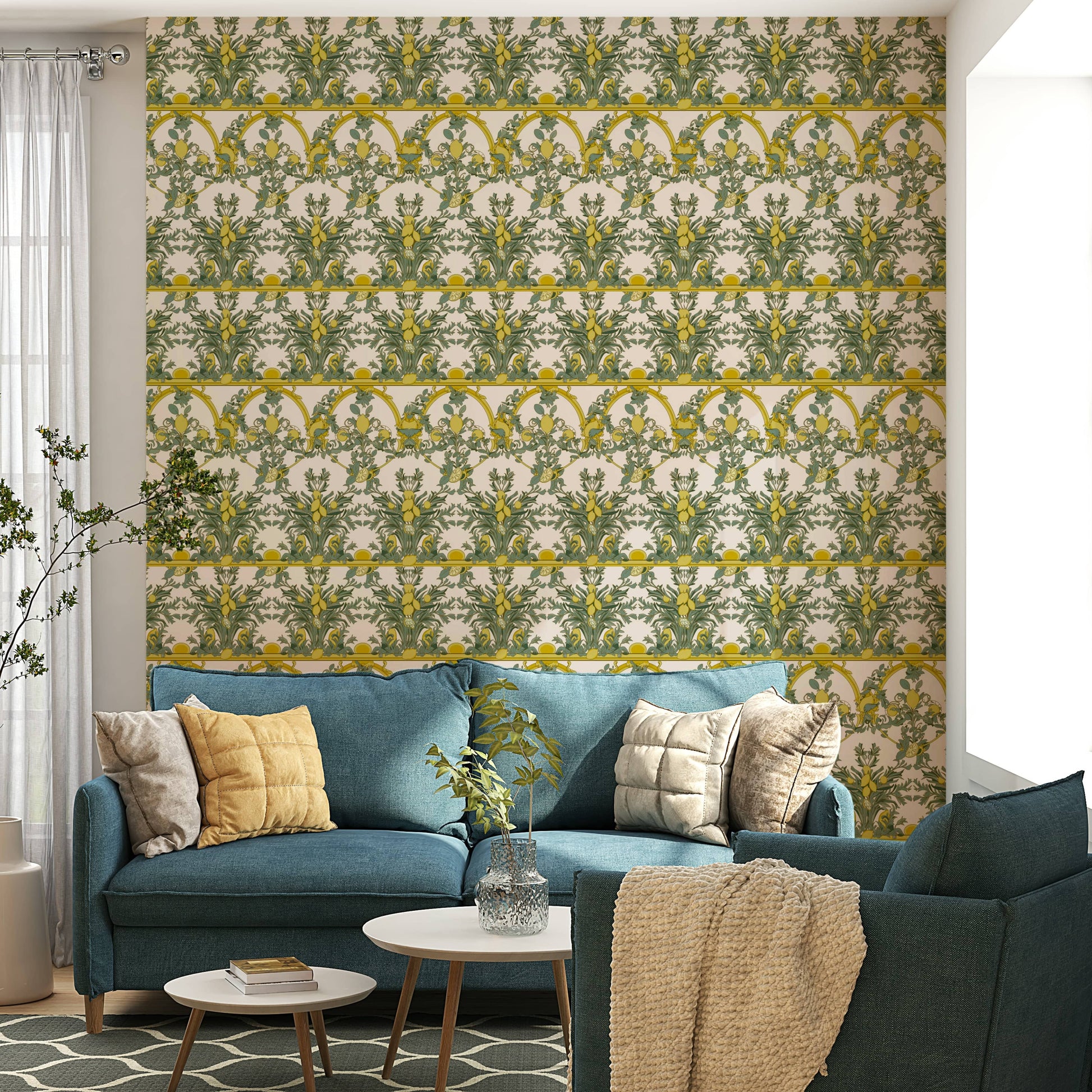 Wallpaper with an Italian grotesque pattern.

