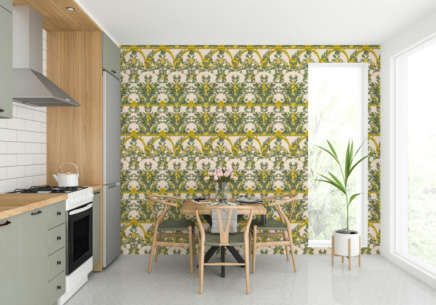 A close-up of the detailed lemon and leaf pattern.

