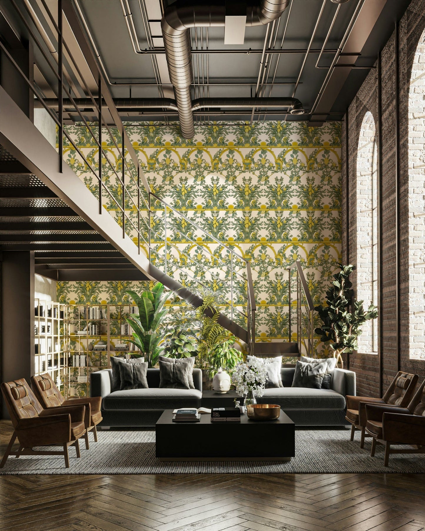 The wallpaper has a rich, historical style.

