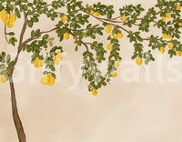 Organic lemon tree design with green leaves and yellow fruit wallpaper.