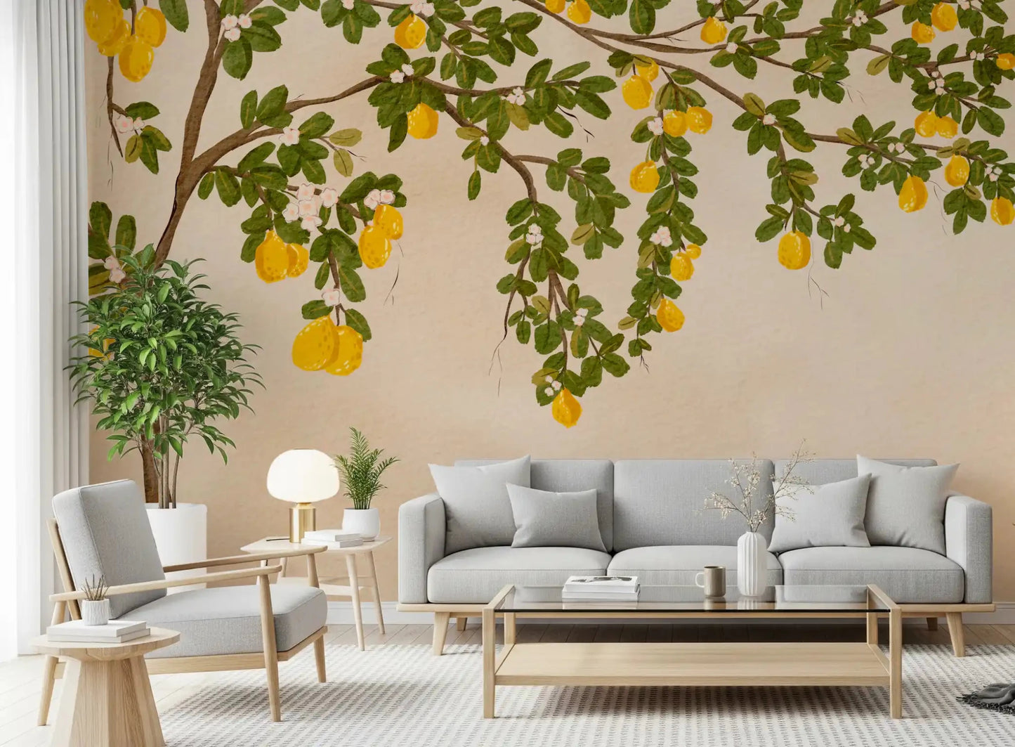 Botanical wall mural featuring yellow lemons and white blossoms for living room