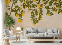 Botanical wall mural featuring yellow lemons and white blossoms for living room