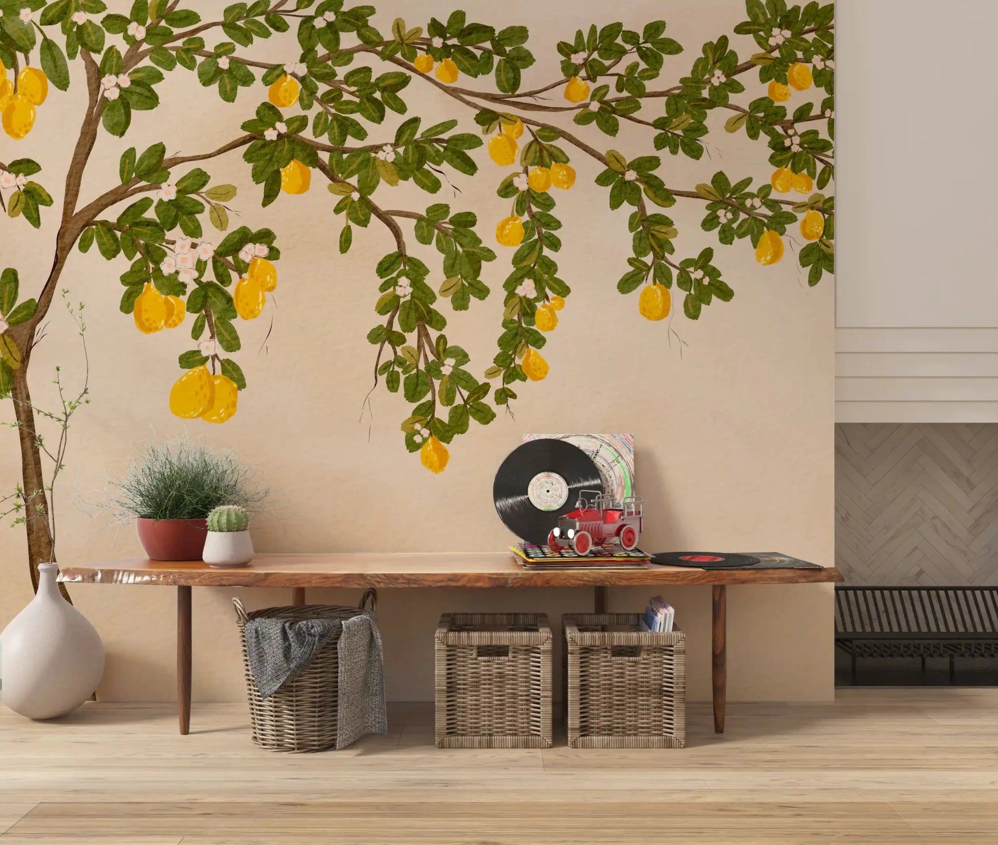 Hand-painted lemon tree wall mural on a textured beige background.