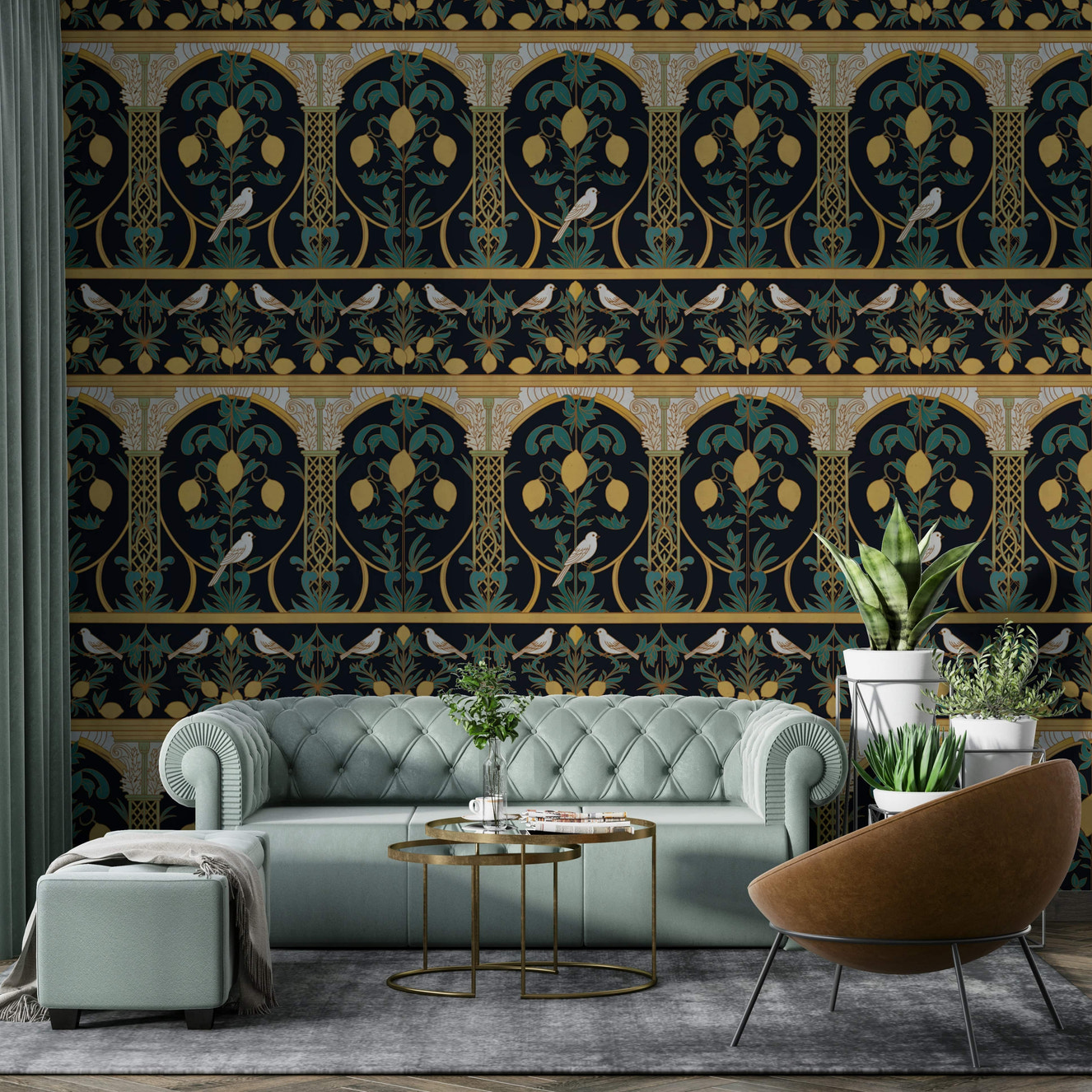 A beautiful Italian lemon wallpaper mural at night.

