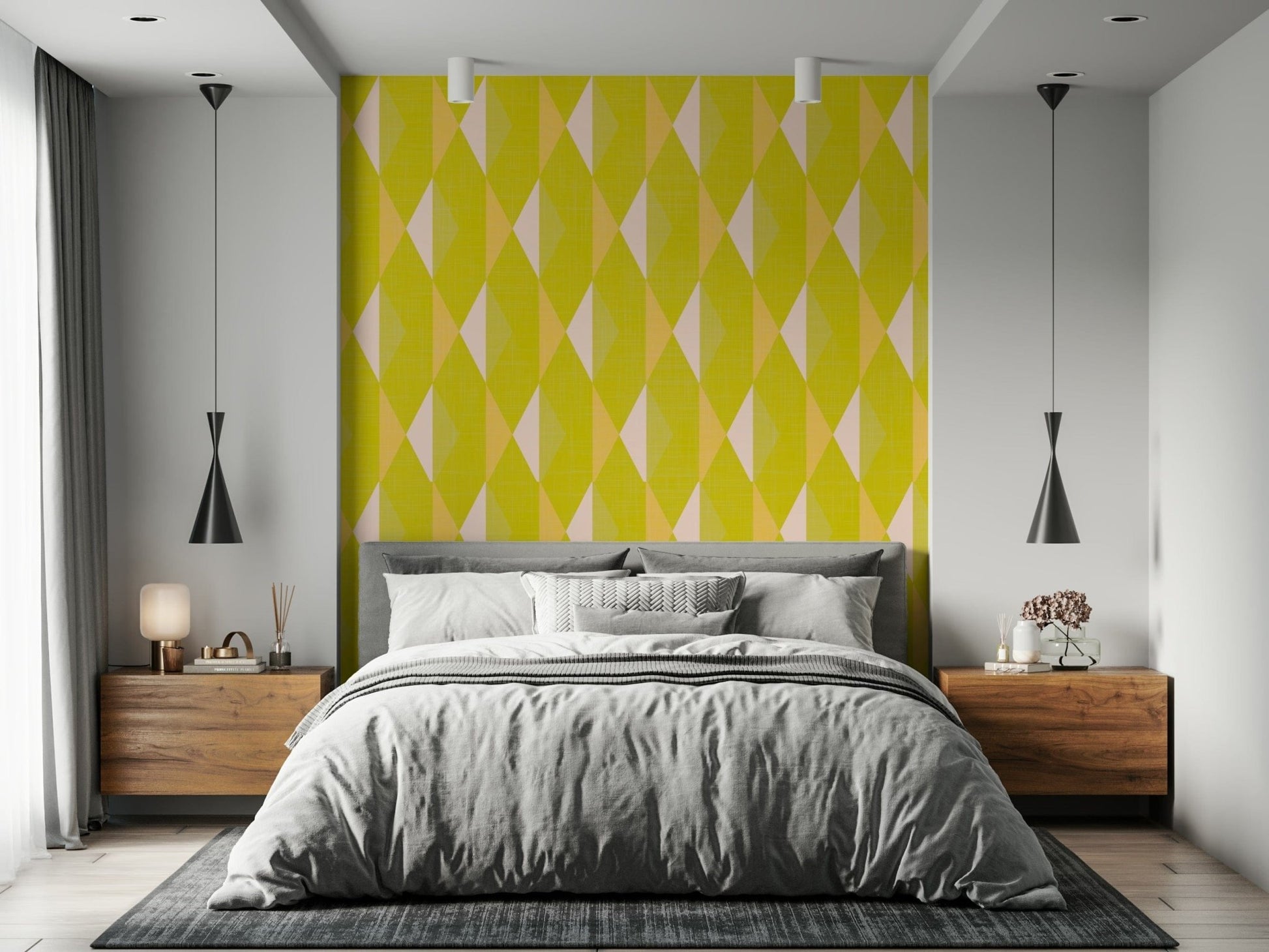 Yellow geometric wall mural enhances chic bedroom