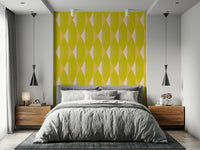 Yellow geometric wall mural enhances chic bedroom