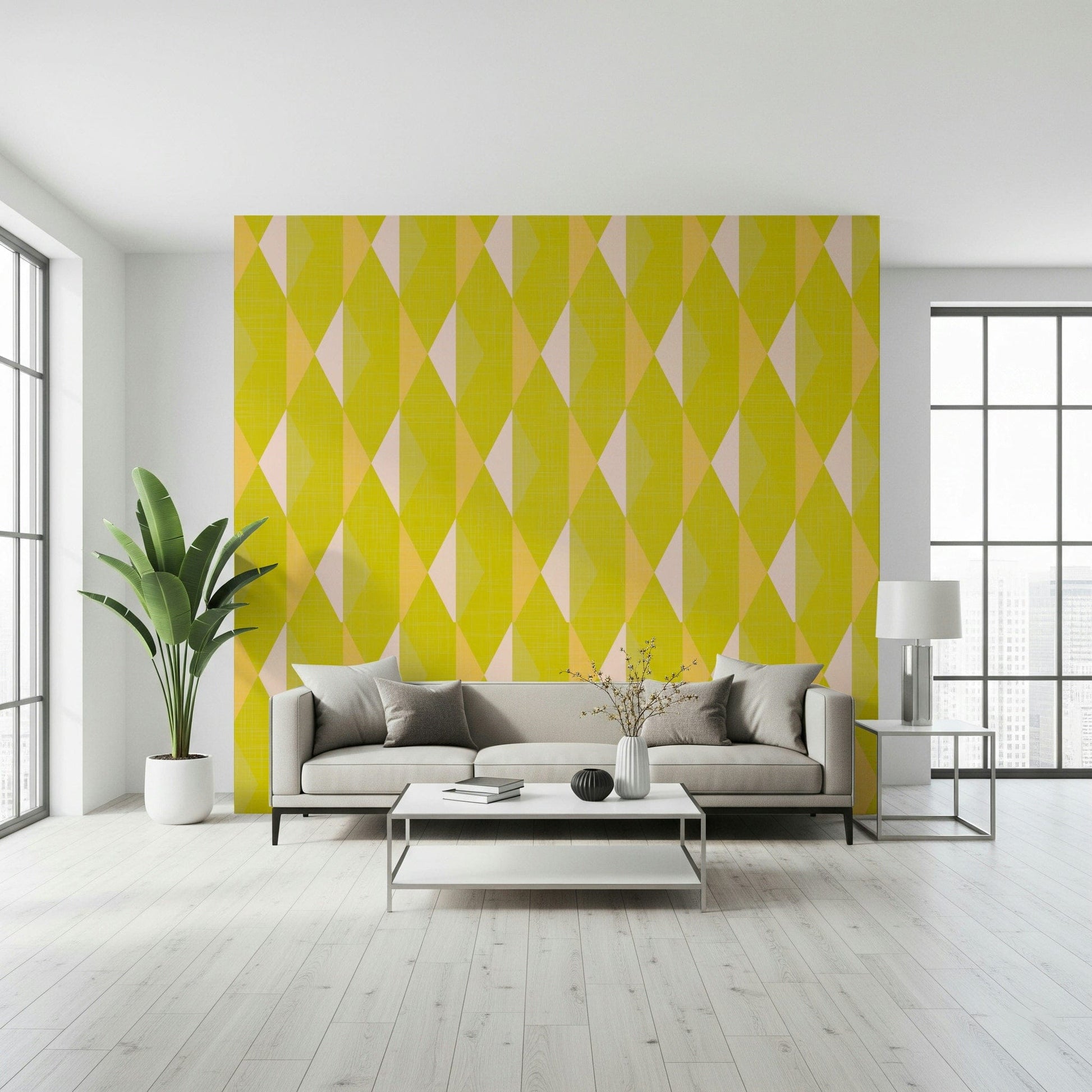 Geometric lemon wall mural warms minimalist room