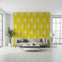 Geometric lemon wall mural warms minimalist room