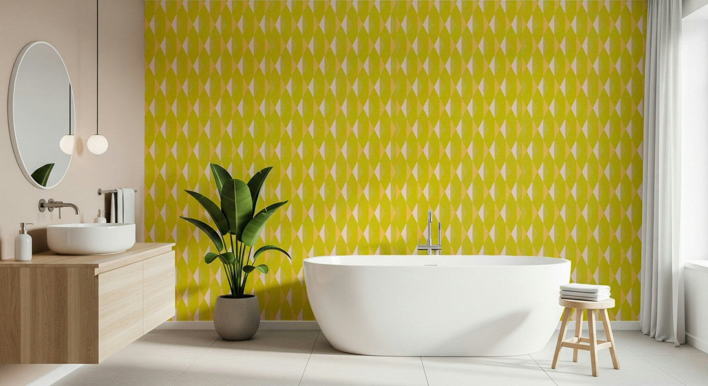 Sunshine yellow and ivory lattice wallpaper for kitchens.