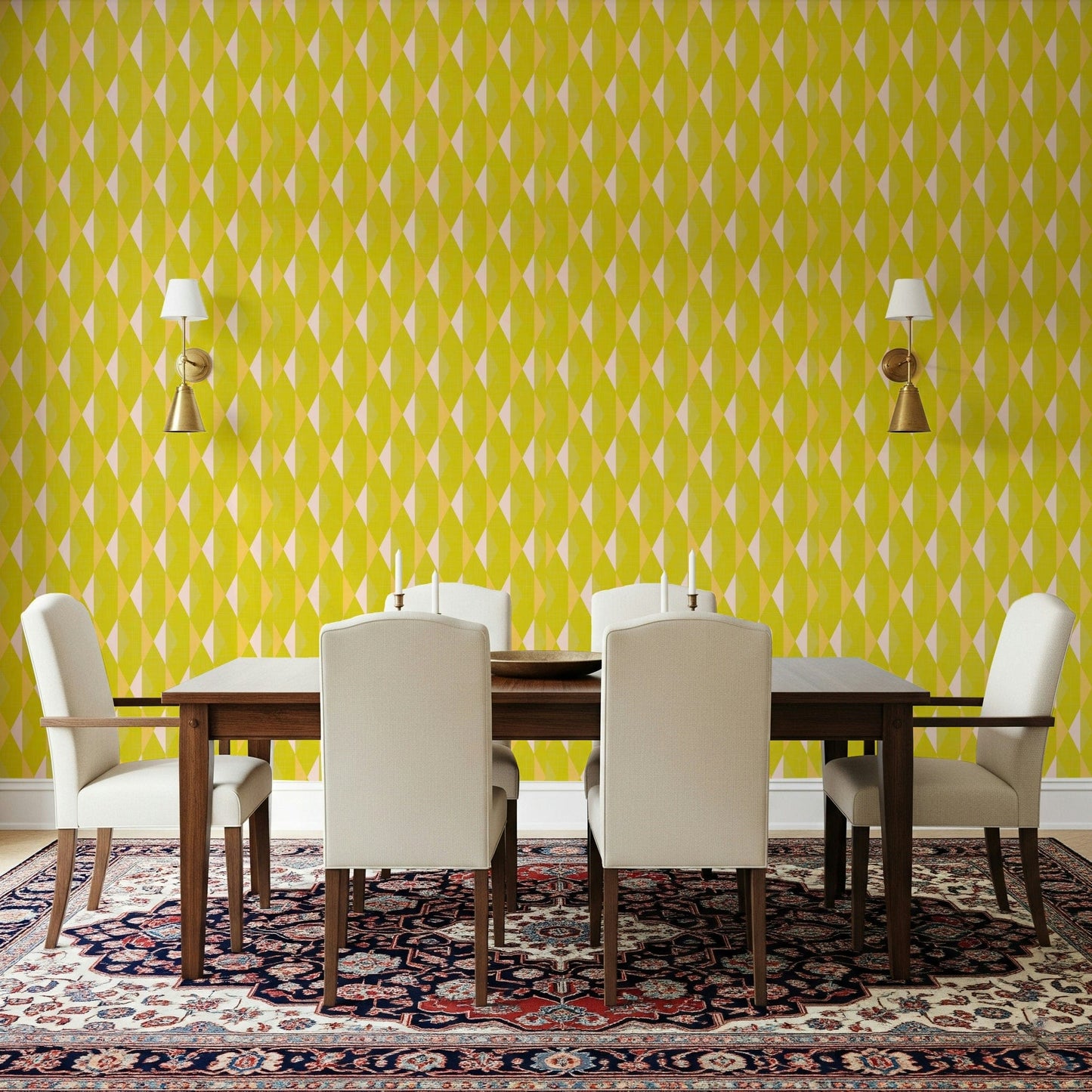 Cheerful geometric pattern wallpaper for an energetic room.