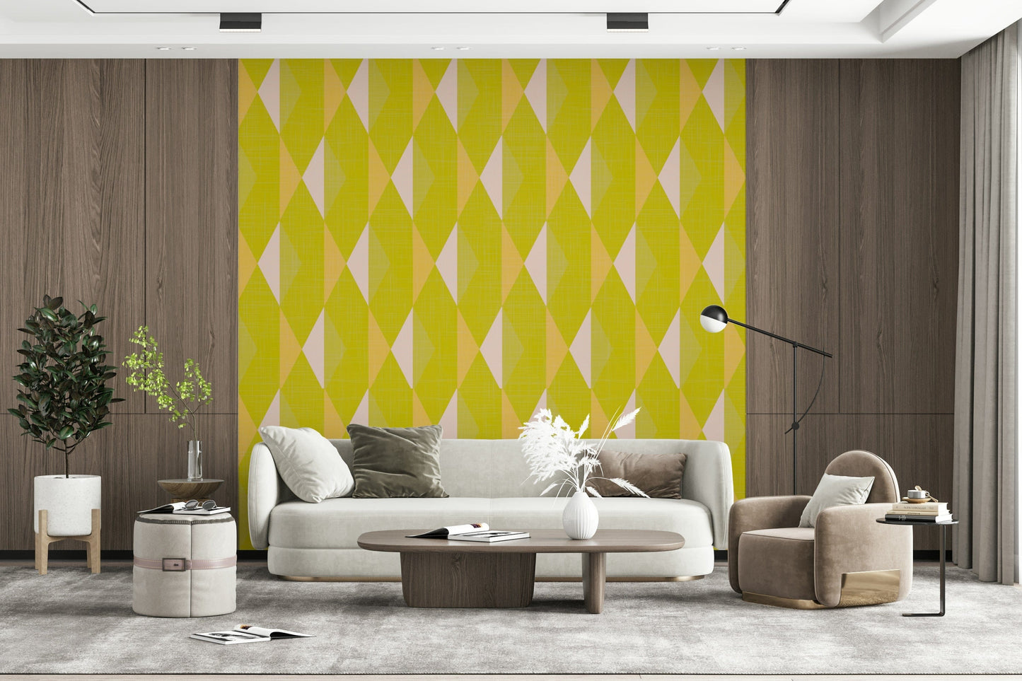 Glowing lemon and pale blush repeating wallpaper for walls.
