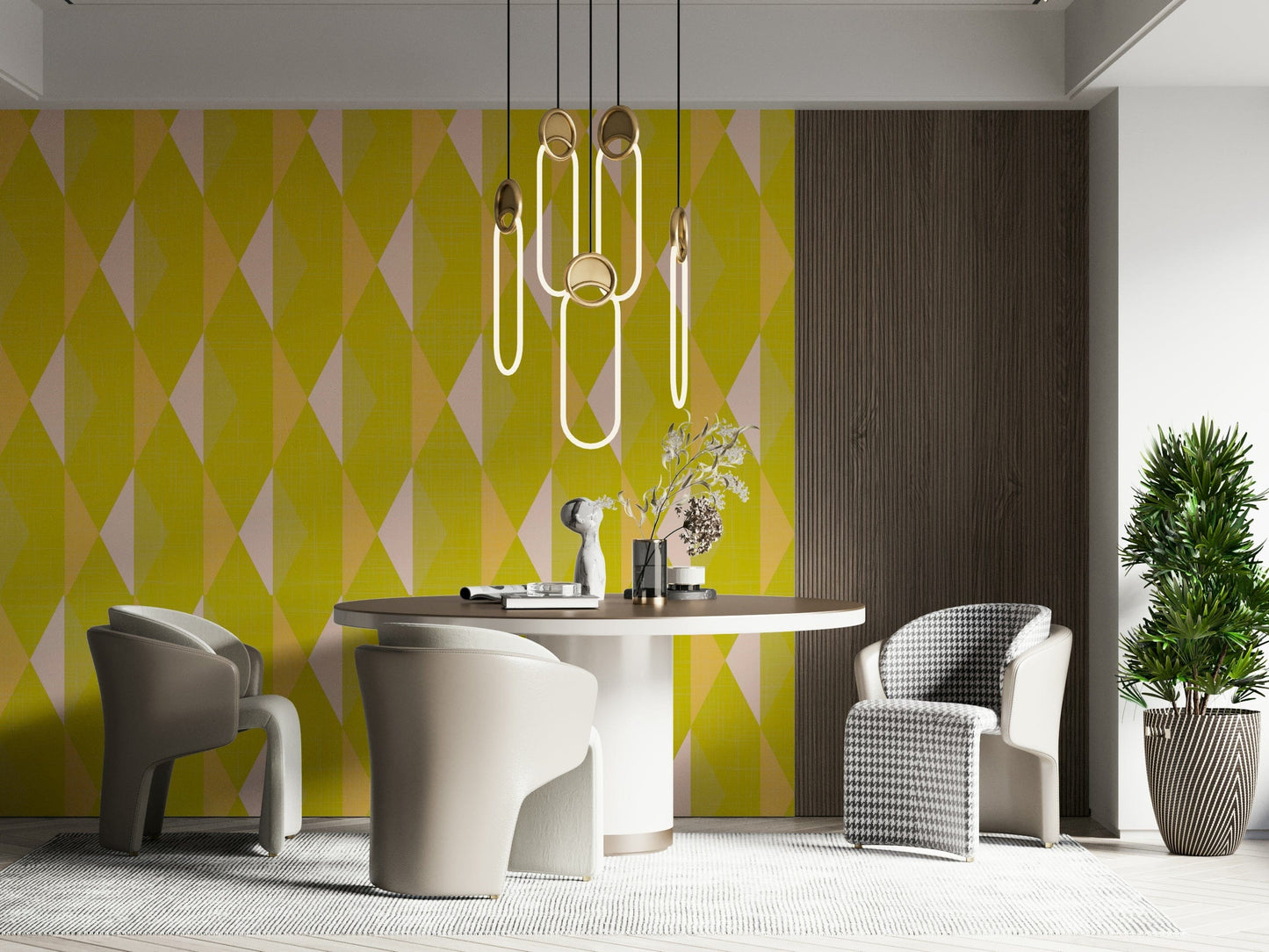 Sunshine yellow and soft peach lattice wallpaper accent.
