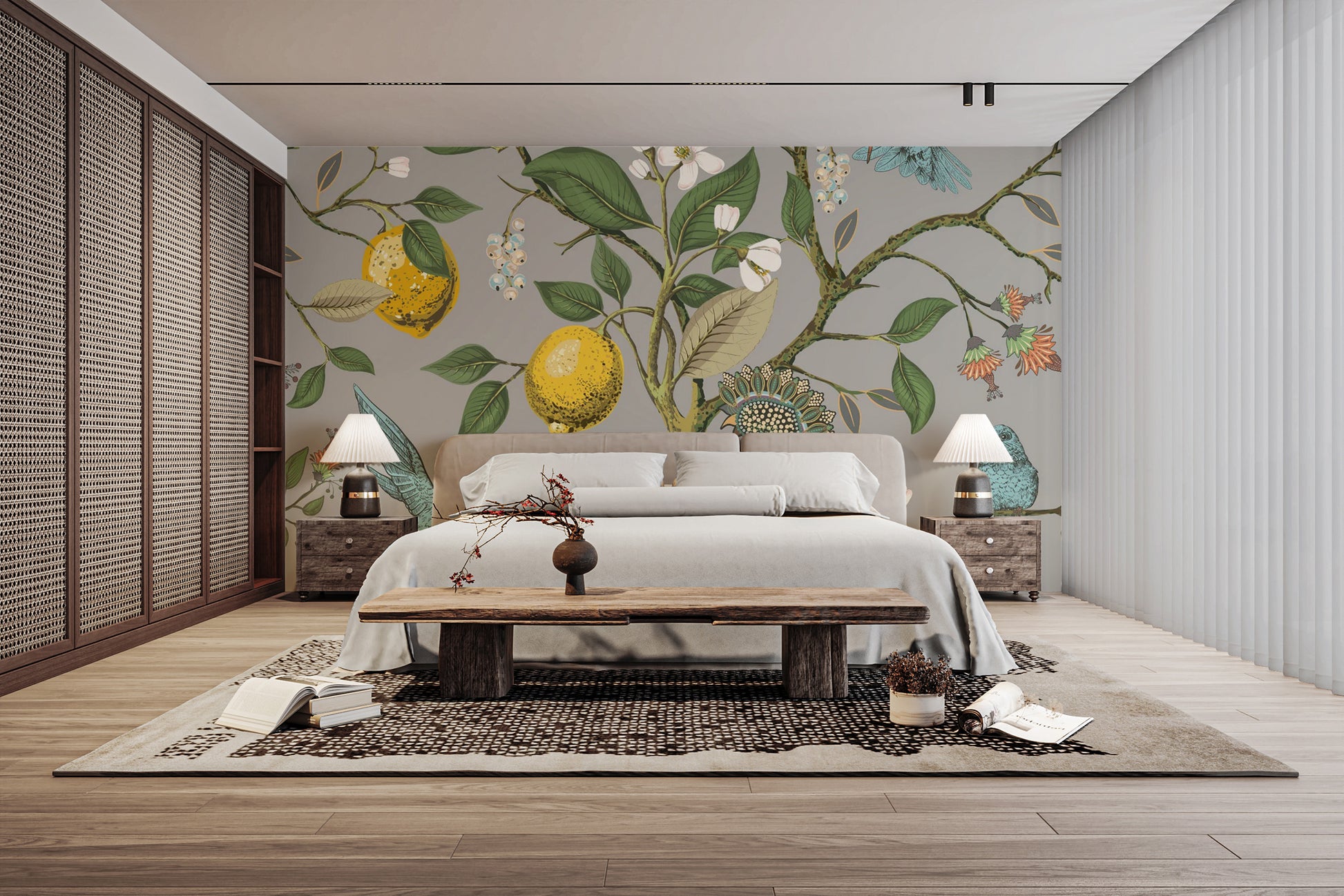 Birds and lemon tree wall mural for decor
