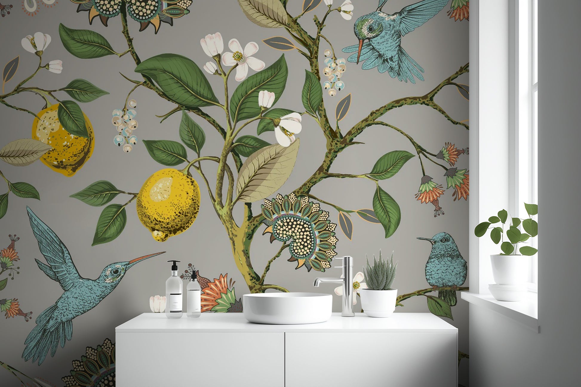 Nature-inspired mural with lemon tree & birds
