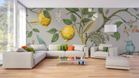 Birds and lemon tree mural wallpaper design
