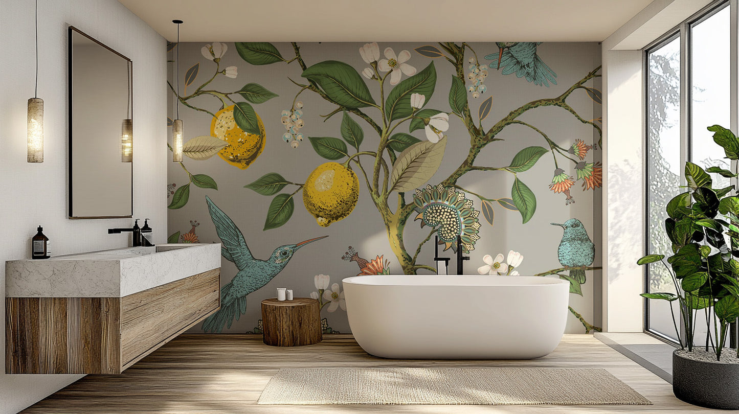 Lemon tree and birds wallpaper mural for walls
