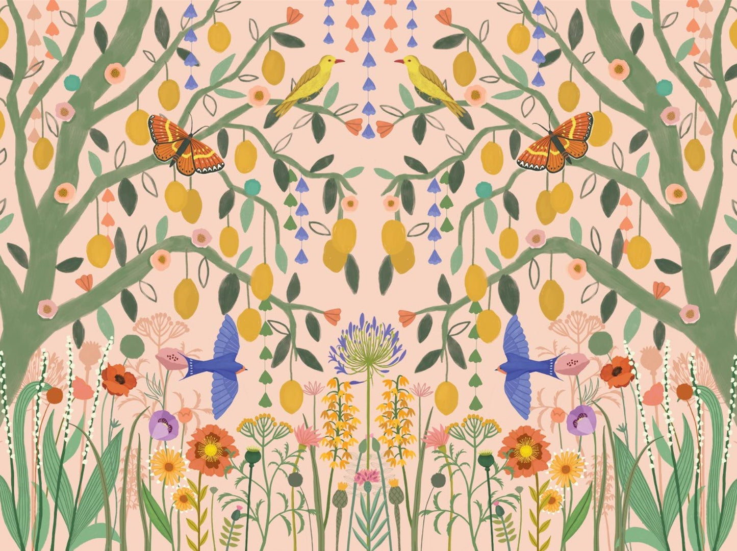 Lemon Trees Wall Mural in an open plan living space with coastal inspired furniture.