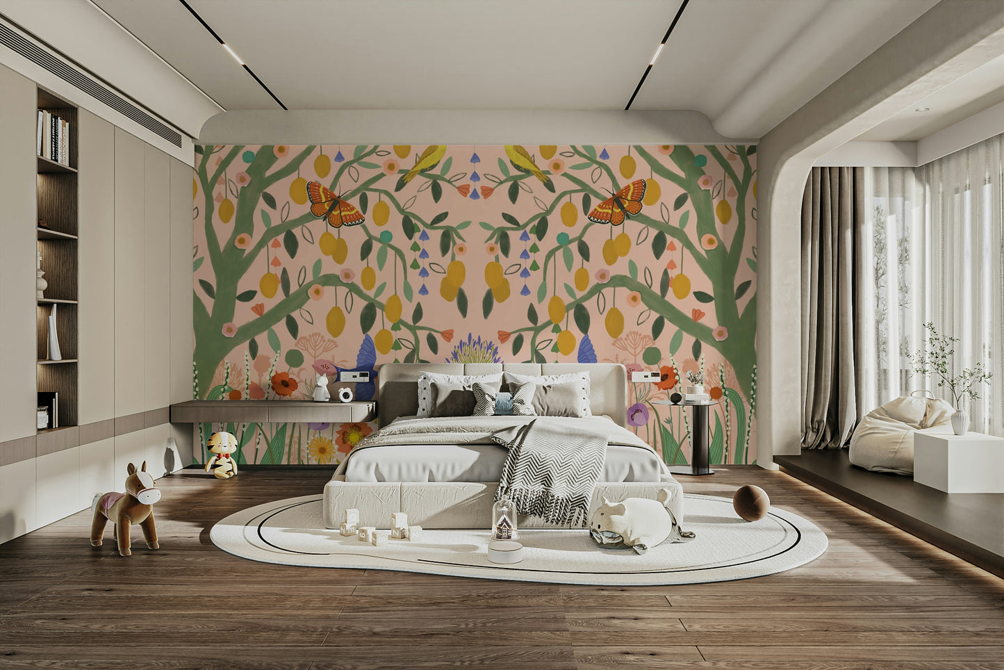 Large scale lemon branch mural for a creative studio with high ceilings and white walls.