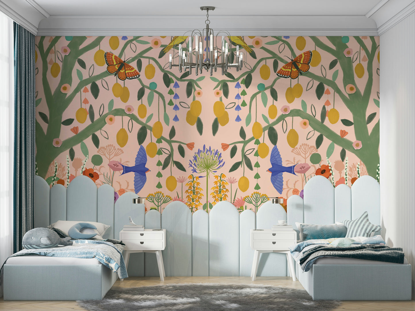 Vibrant citrus orchard design for a sunlit breakfast room with modern home styling.