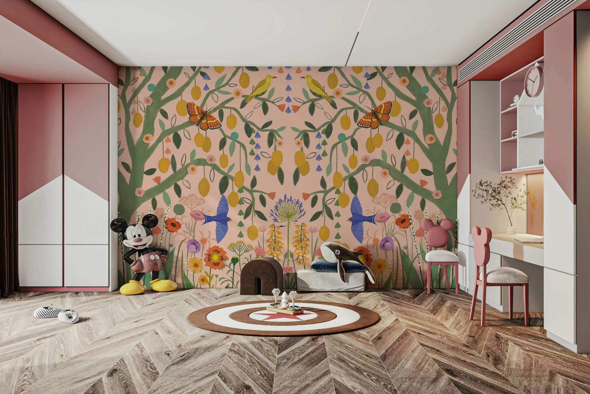 Citrus fruit wallcovering for a bright dining area with timber floors and natural light.