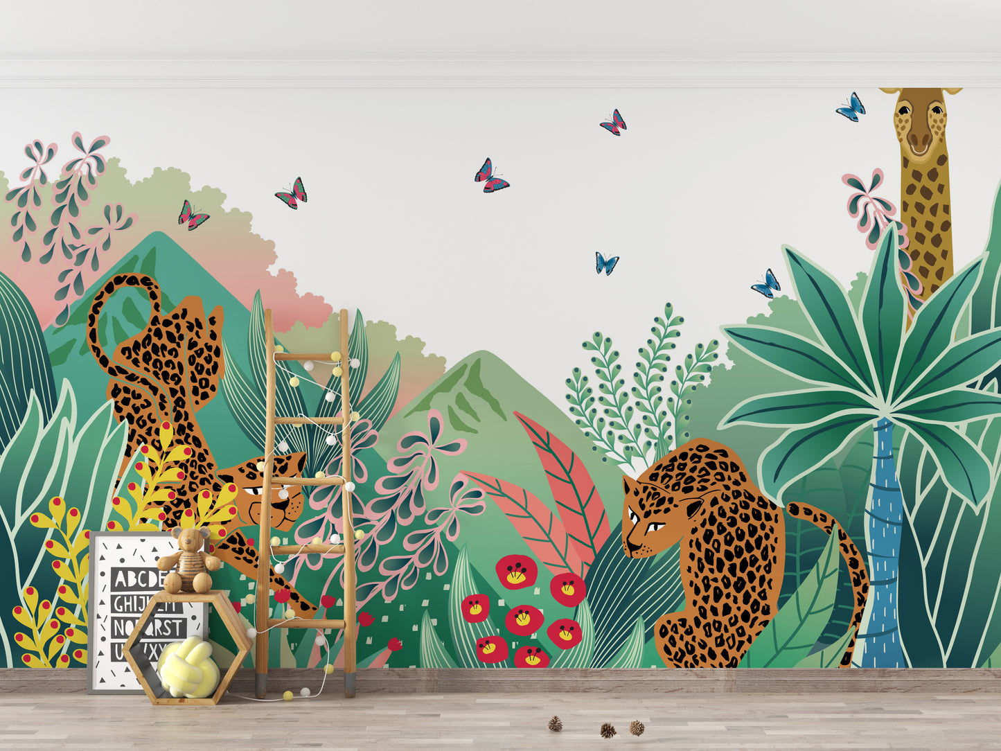 Leopard and Giraffe Kids wallpaper mural with leopards and a giraffe behind a wooden play ladder in a kids room